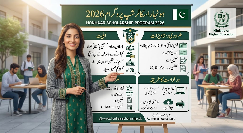 Honhaar Scholarship Program 2026 کے تحت یونیورسٹی اور کالج کے طلبہ کے لیے مالی معاونت، اہلیت، خاندانی آمدنی کی حد، تعلیمی معیار، ڈومیسائل، داخلہ لیٹر، CNIC/B-Form اور درخواست کے طریقہ کار کے بارے میں مکمل معلومات حاصل کریں۔