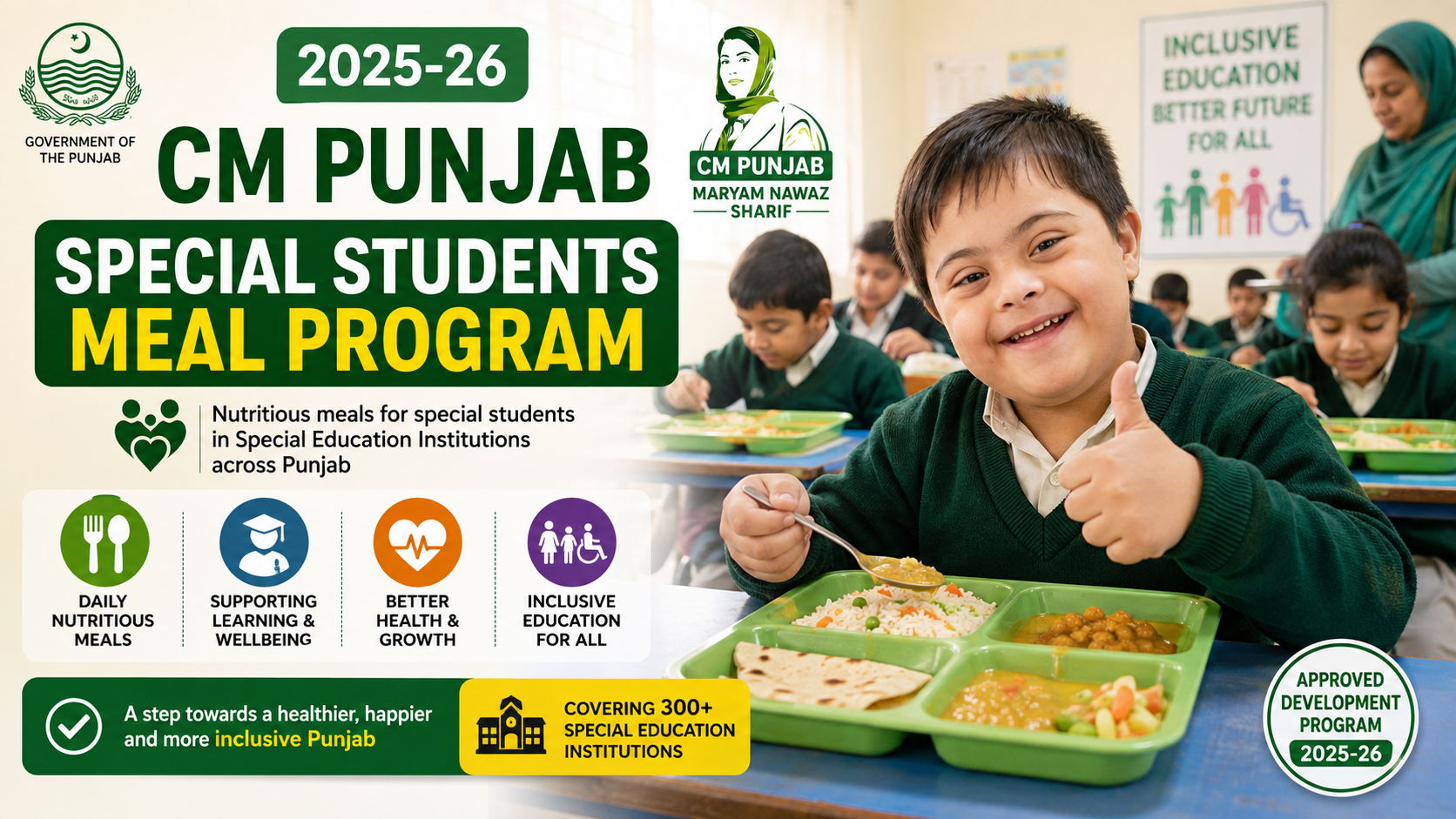 CM Punjab Special Students Meal Program — special education institutions mein enrolled students ke meals. Official 2025-26 development documents mein listed hai.